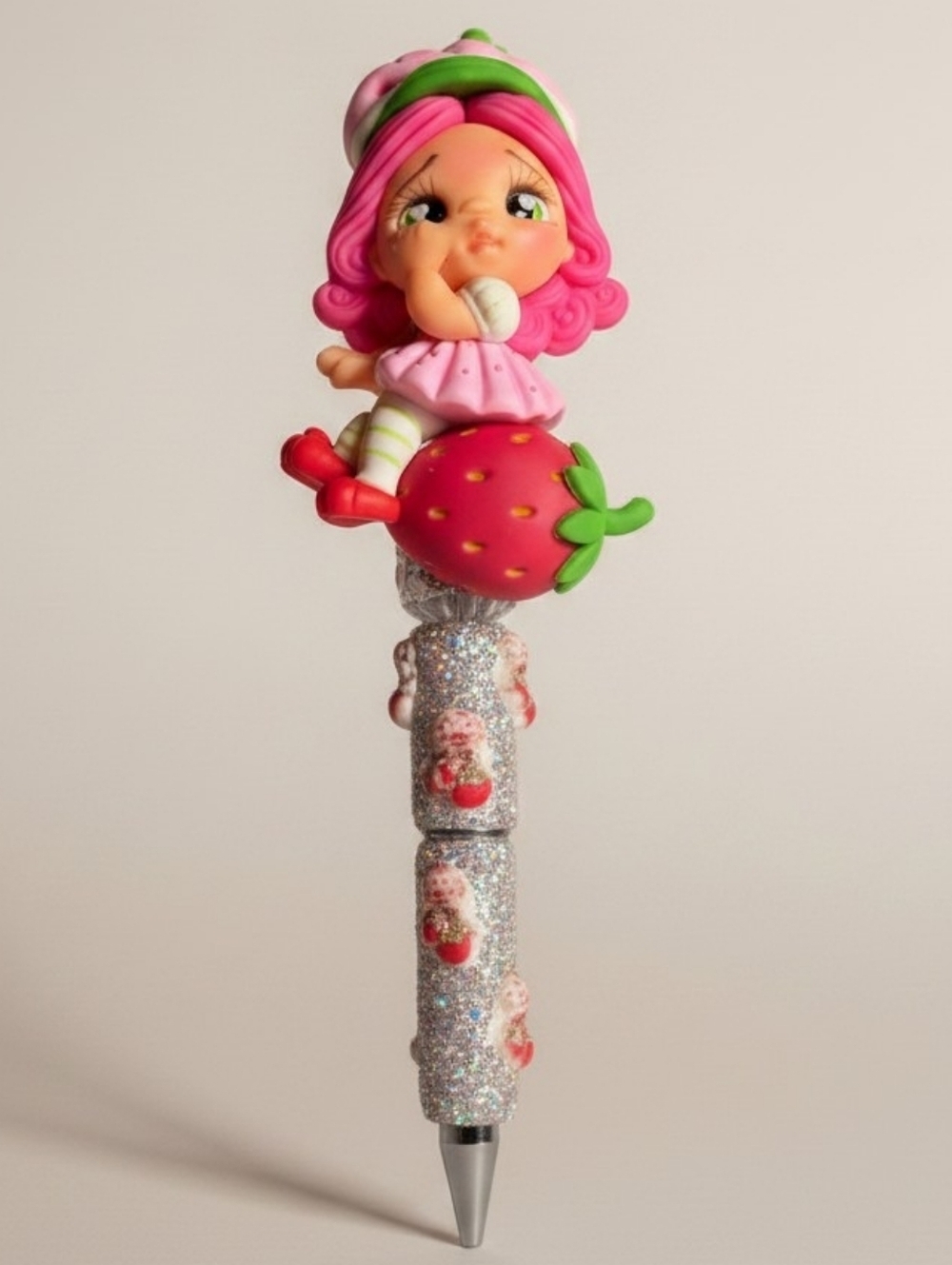 Custom Handmade Luxury Bling Pen - Artisan Clay Doll - Strawberry Shortcake